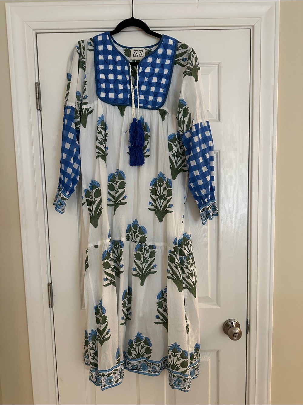 Blue & White Floral Gauze Midi Dress with Tassel Tie